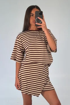 Anastasia Tee Dress Chocolate Stripe Women Mini Dresses
